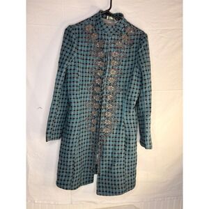 Joolay Womens Blue Black Geometric 100% Wool Embroidered Longline Coat Size M